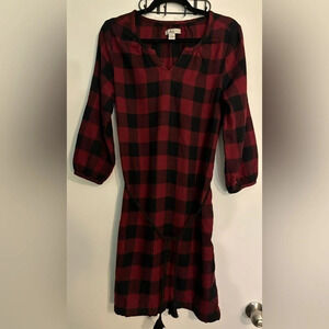 Bass Womens Dark Red Black Buffalo Plaid Belted Notch Collar 3/4 Sleeve Dress‎